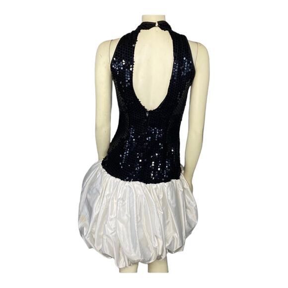 80s Dave & Johnny Sequin Halter Bubble Hem Open back Dress Black & White Medium - Picture 8 of 16